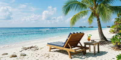 Wooden lounge chair with blue and white cushion and small table with drink on sandy beach under palm tree