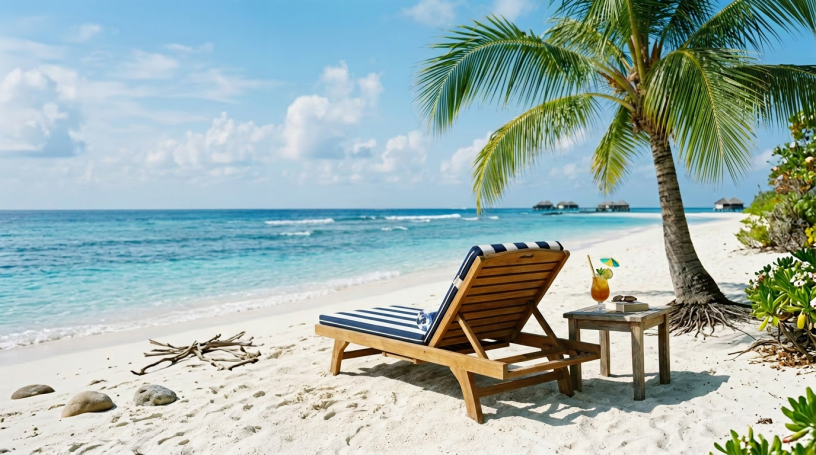 Wooden lounge chair with blue and white cushion and small table with drink on sandy beach under palm tree